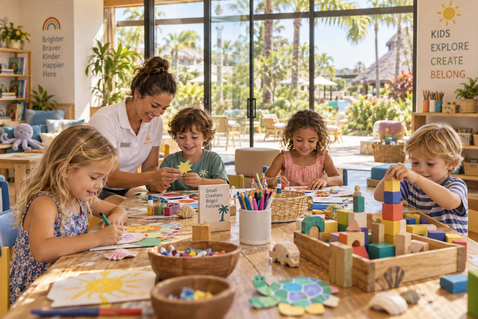 Children doing crafts at a bright kids' activity table with a staff member