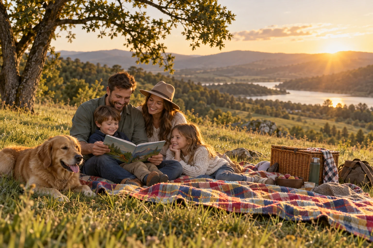 A family reading together on a picnic blanket on a grassy hillside at golden hour